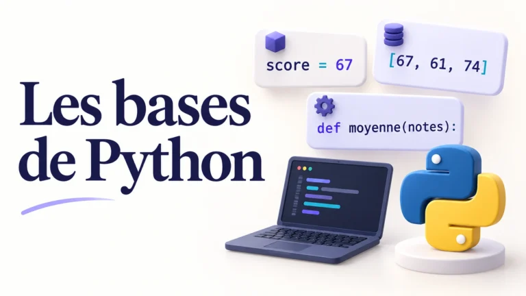 Les bases de Python : une variable, une liste de scores et une fonction, avec un ordinateur et l’emblème Python.