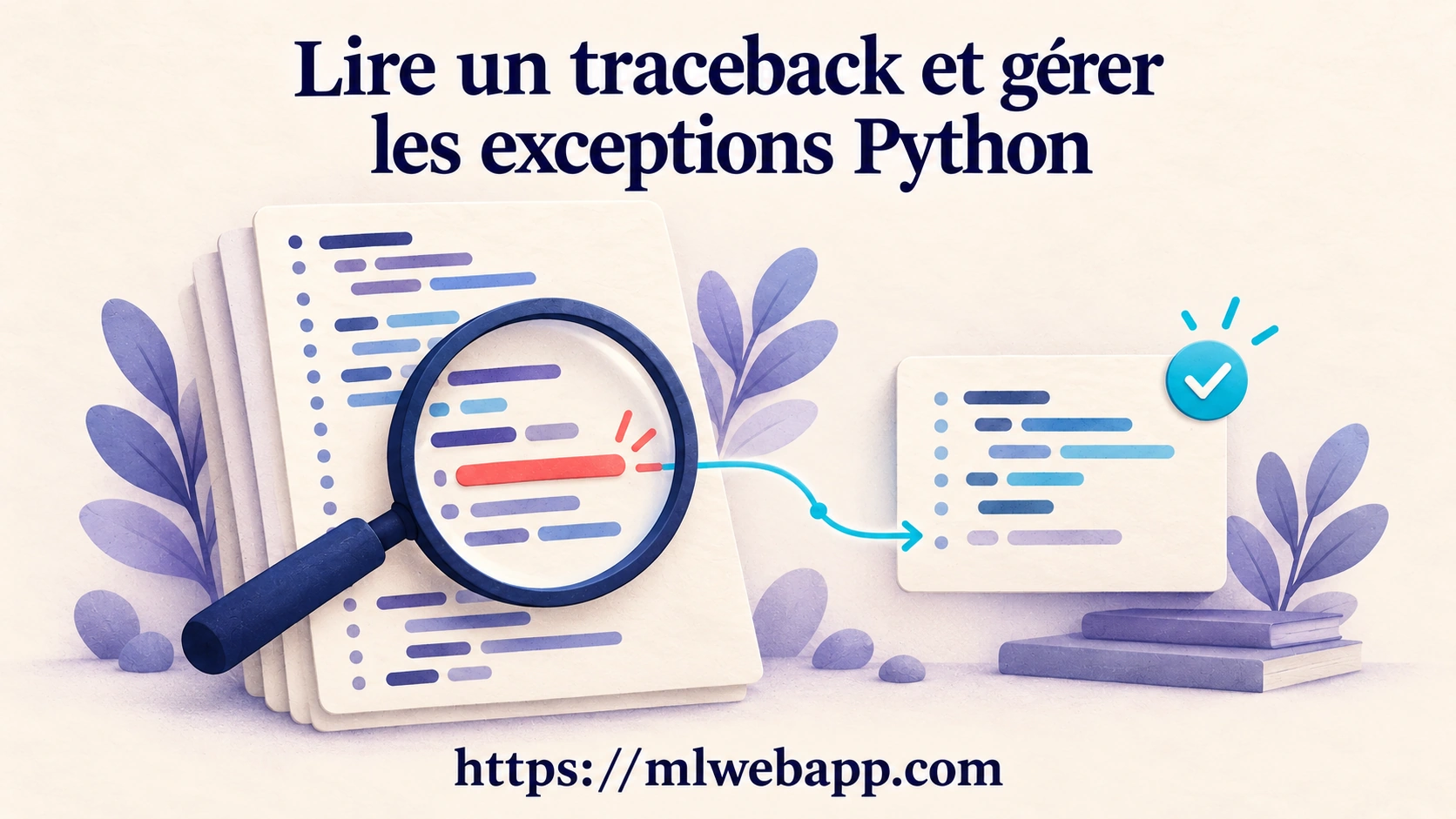 Lire un traceback et gérer les exceptions Python : une loupe repère la ligne en erreur, puis une flèche mène vers un bloc corrigé.