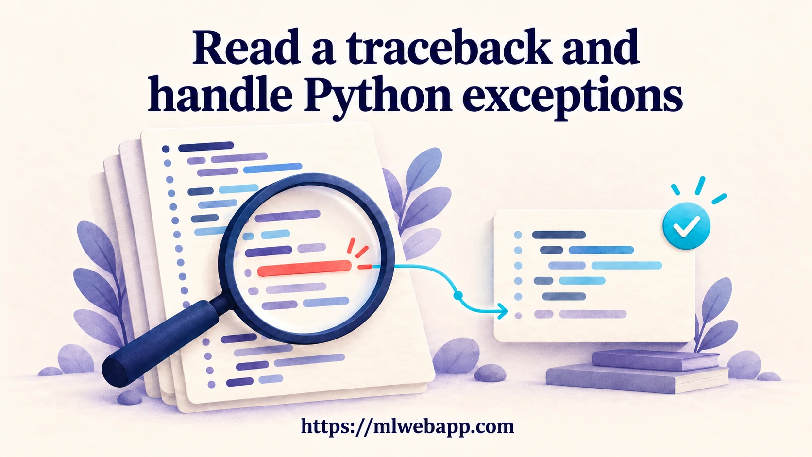 A magnifying glass highlights an error, followed by corrected code and a check mark.