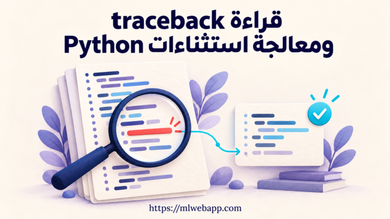 عدسة تكبّر سطر الخطأ، ثم كود مصحّح وعلامة تحقق.