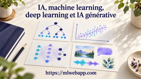 Cartes illustrant un arbre de décision, une régression, un réseau de deep learning et des contenus générés, sur un bureau clair.