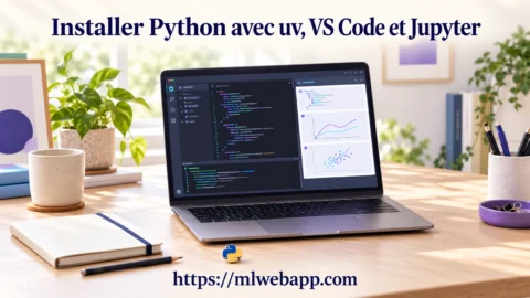 Poste de travail pour installer Python avec uv : ordinateur portable affichant un éditeur, des cellules de notebook et un terminal, avec un carnet et une broche Python.