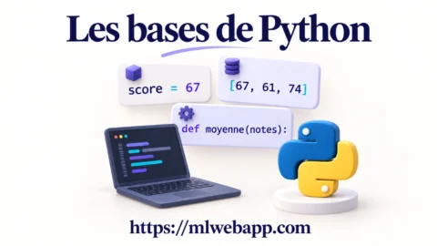Les bases de Python : une variable, une liste de scores et une fonction, avec un ordinateur et l’emblème Python.