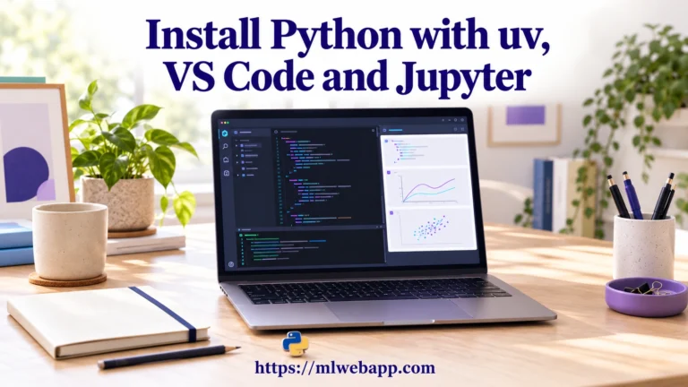 Workspace for installing Python with uv: a laptop displaying an editor, notebook cells and a terminal, beside a notebook and a Python pin.