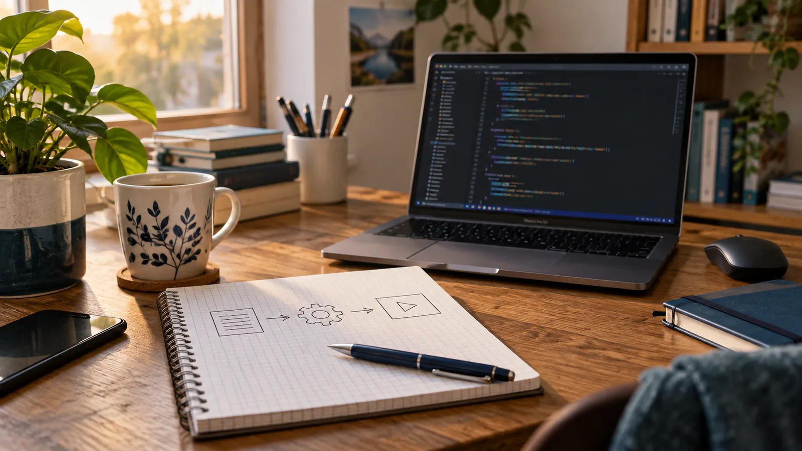 Bureau en bois avec un ordinateur portable affichant du code et un carnet où un schéma relie un document, un engrenage et un bouton de lecture