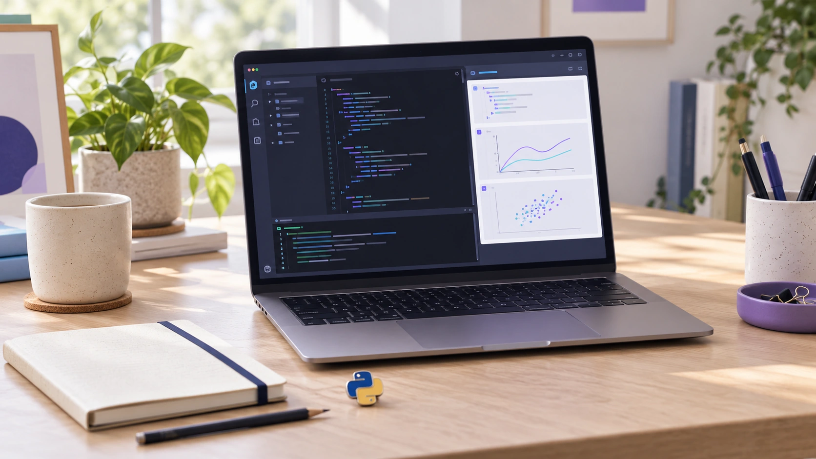 Workspace for installing Python with uv: a laptop displaying an editor, notebook cells and a terminal, beside a notebook and a Python pin.