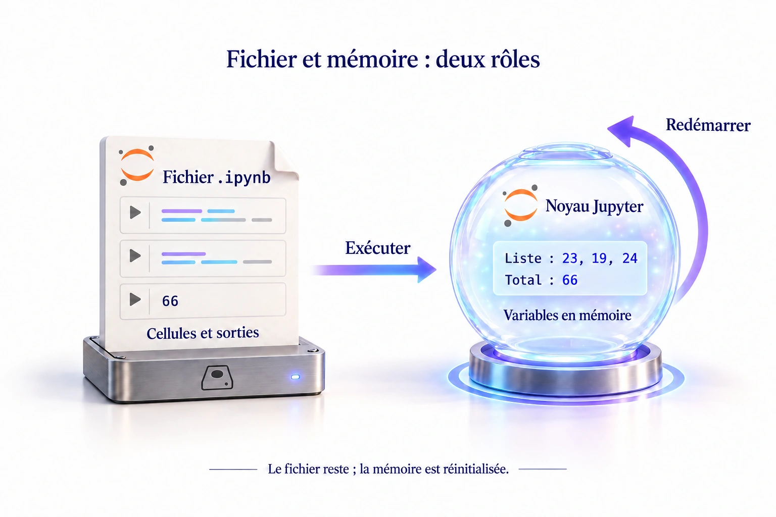 Le fichier .ipynb conserve les cellules et leurs sorties ; le noyau garde la liste 23, 19, 24 et le total 66 jusqu’à son redémarrage.