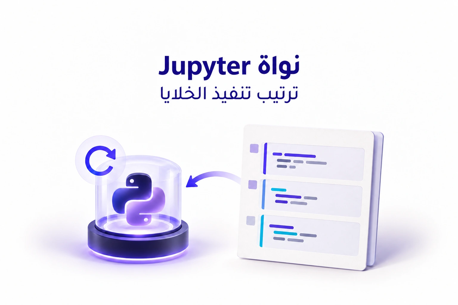 خلايا Notebook ترسل الكود إلى نواة Python، مع رمز يوضّح إعادة تشغيل النواة.
