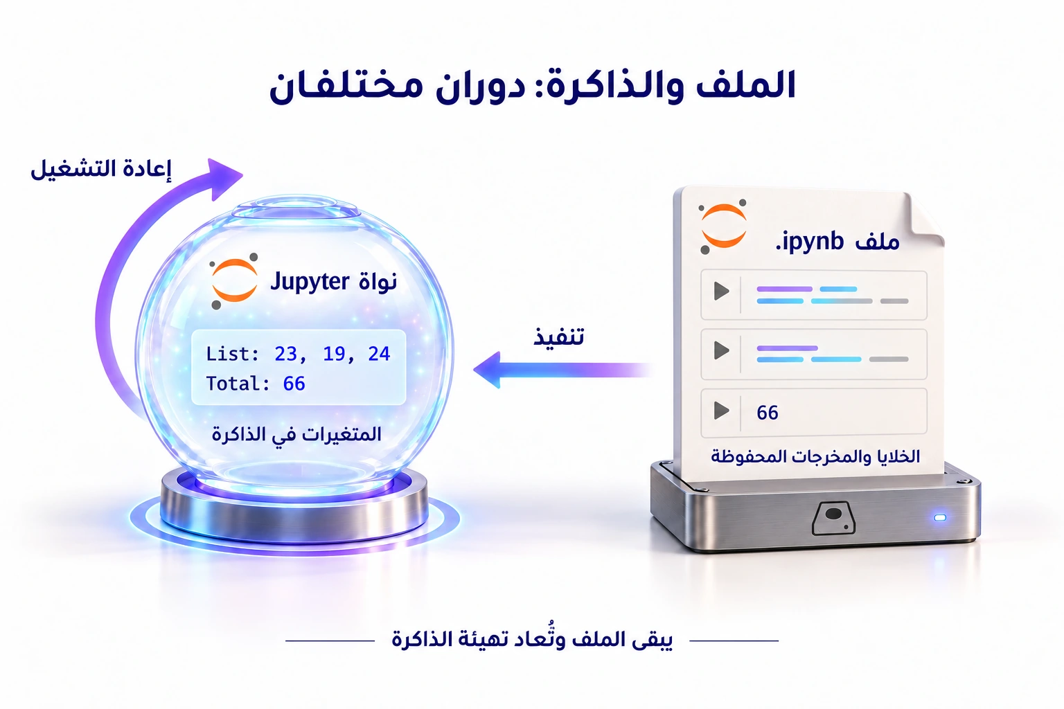 يحفظ ملف .ipynb الخلايا والمخرجات، بينما تحتفظ نواة Jupyter بالقائمة 23، 19، 24 والمجموع 66 في الذاكرة حتى إعادة تشغيلها.