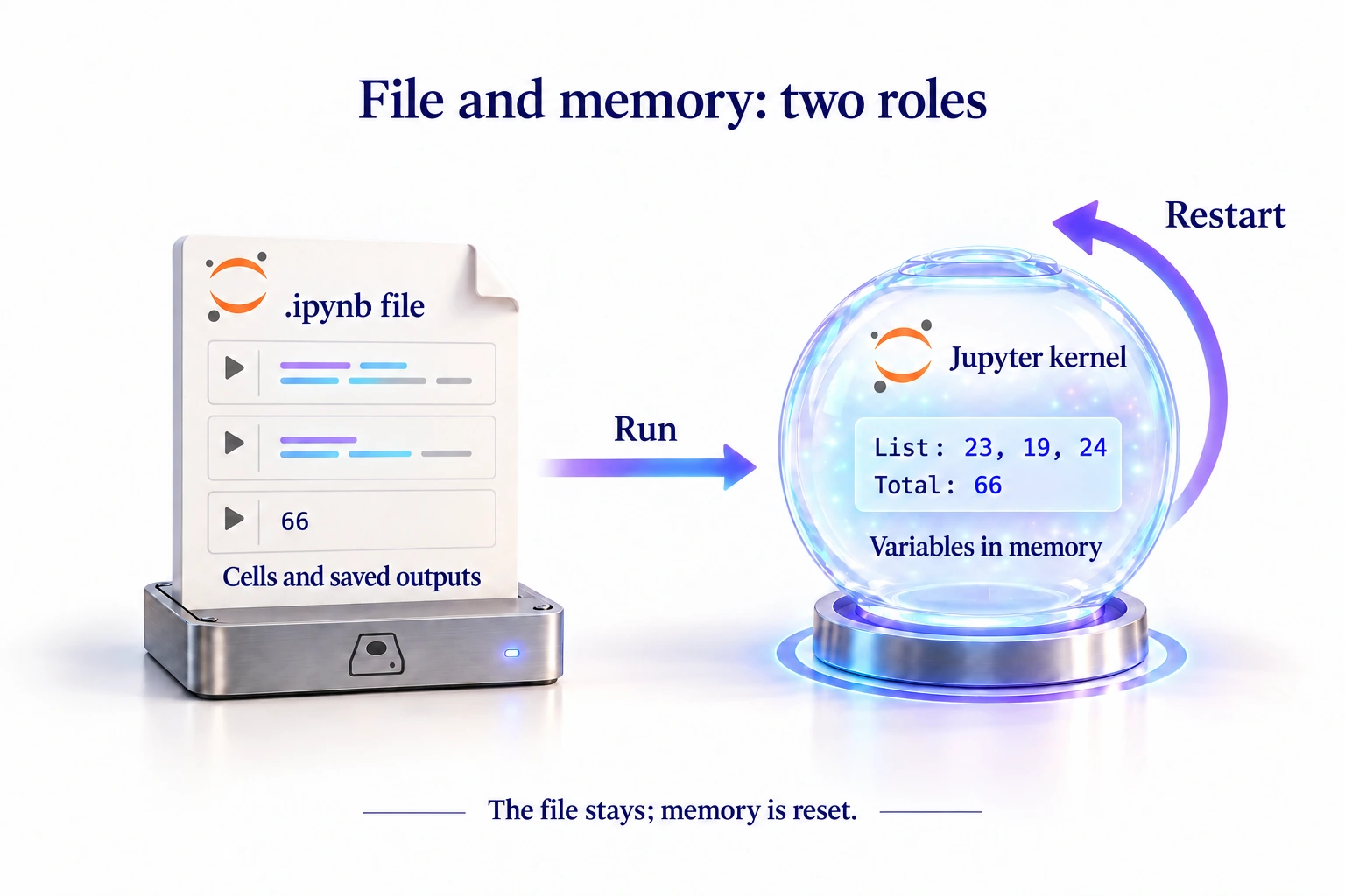 The .ipynb file stores cells and saved outputs; the Jupyter kernel holds the list 23, 19, 24 and total 66 in memory until it restarts.