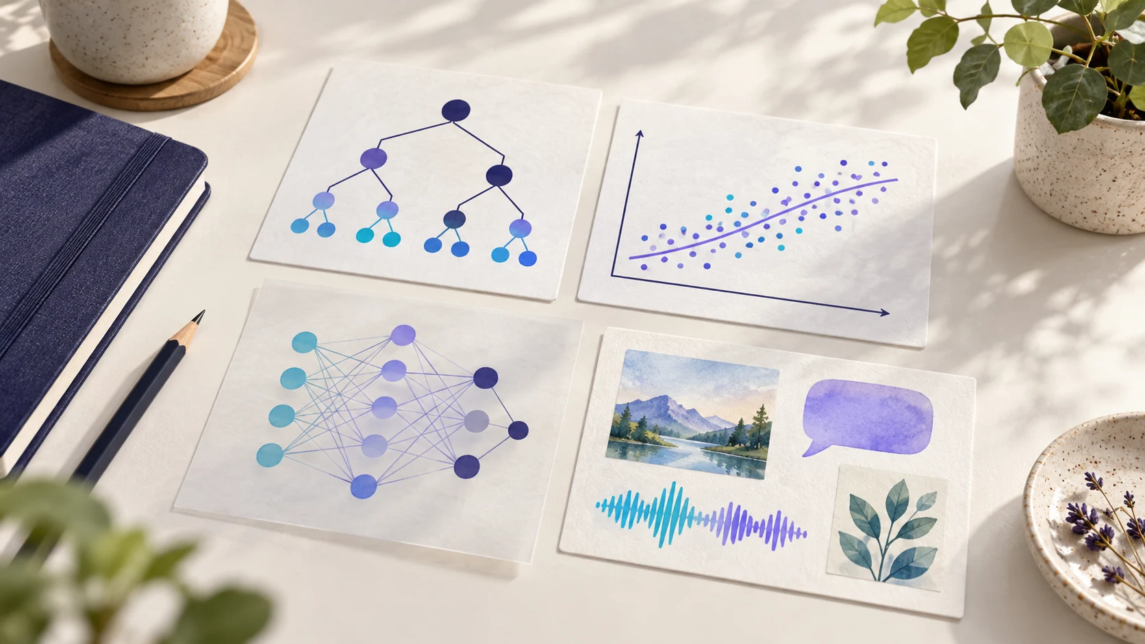 Cards showing a decision tree, regression, a deep learning network and generated content on a light desk.