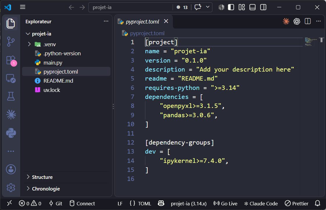 ملف pyproject.toml الذي يشترط Python 3.14 أو أحدث، يدرج pandas وopenpyxl، ويضع ipykernel في مجموعة dev.