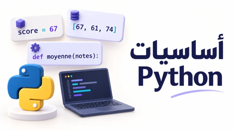 أساسيات Python: متغير، قائمة درجات ودالة، بجانب حاسوب محمول وشعار Python.