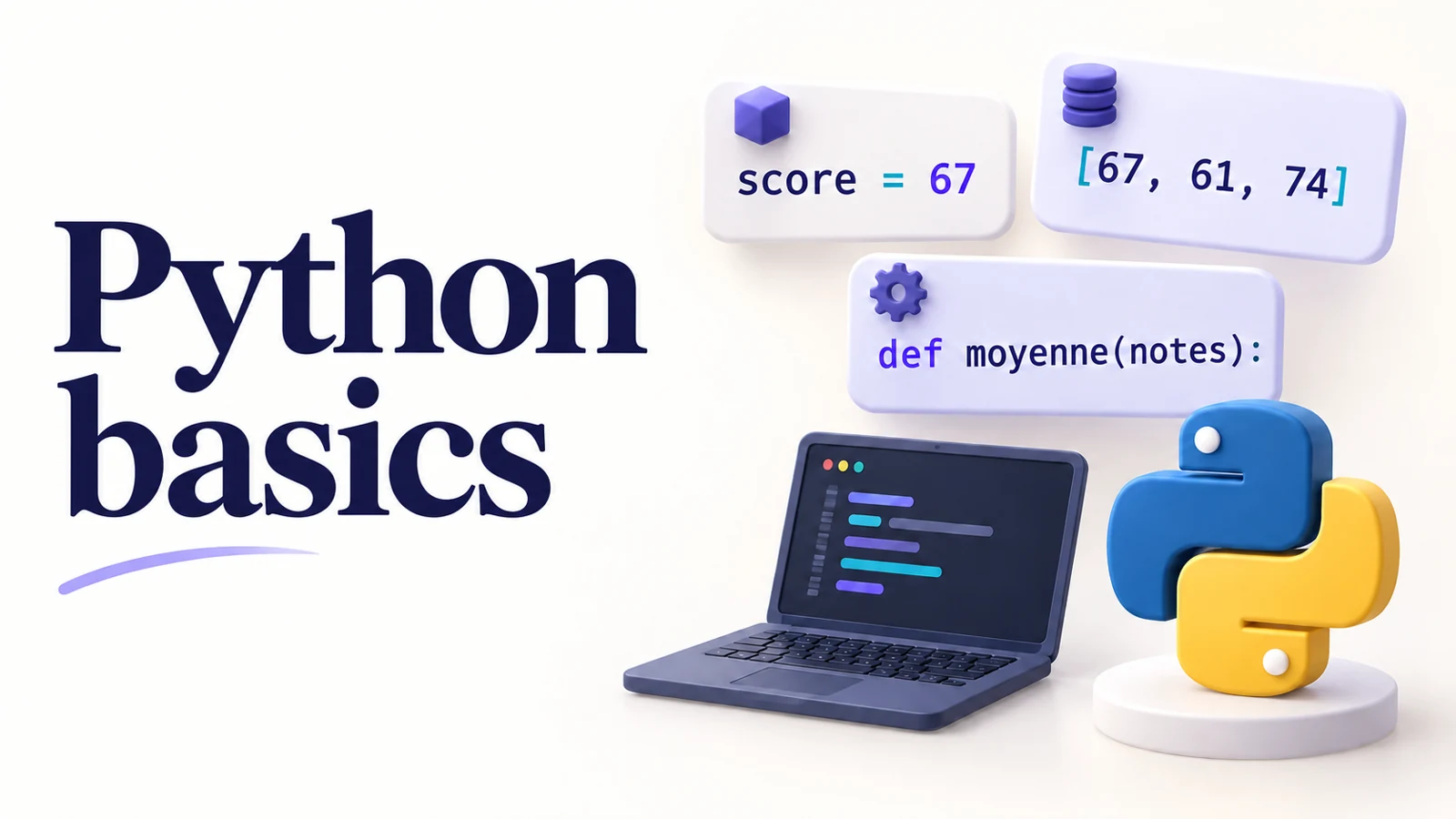 Python basics: a variable, a list of scores and a function, beside a laptop and the Python emblem.