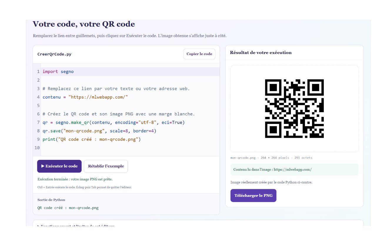 Créer un QR code avec Python dans l’article : code modifiable, image PNG obtenue et contenu décodé.