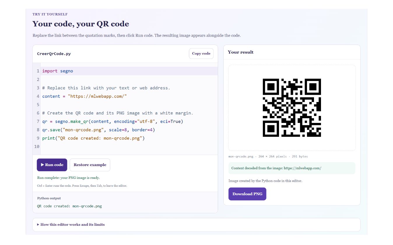 Creating a QR code with Python: editable code, the resulting PNG and its decoded content.