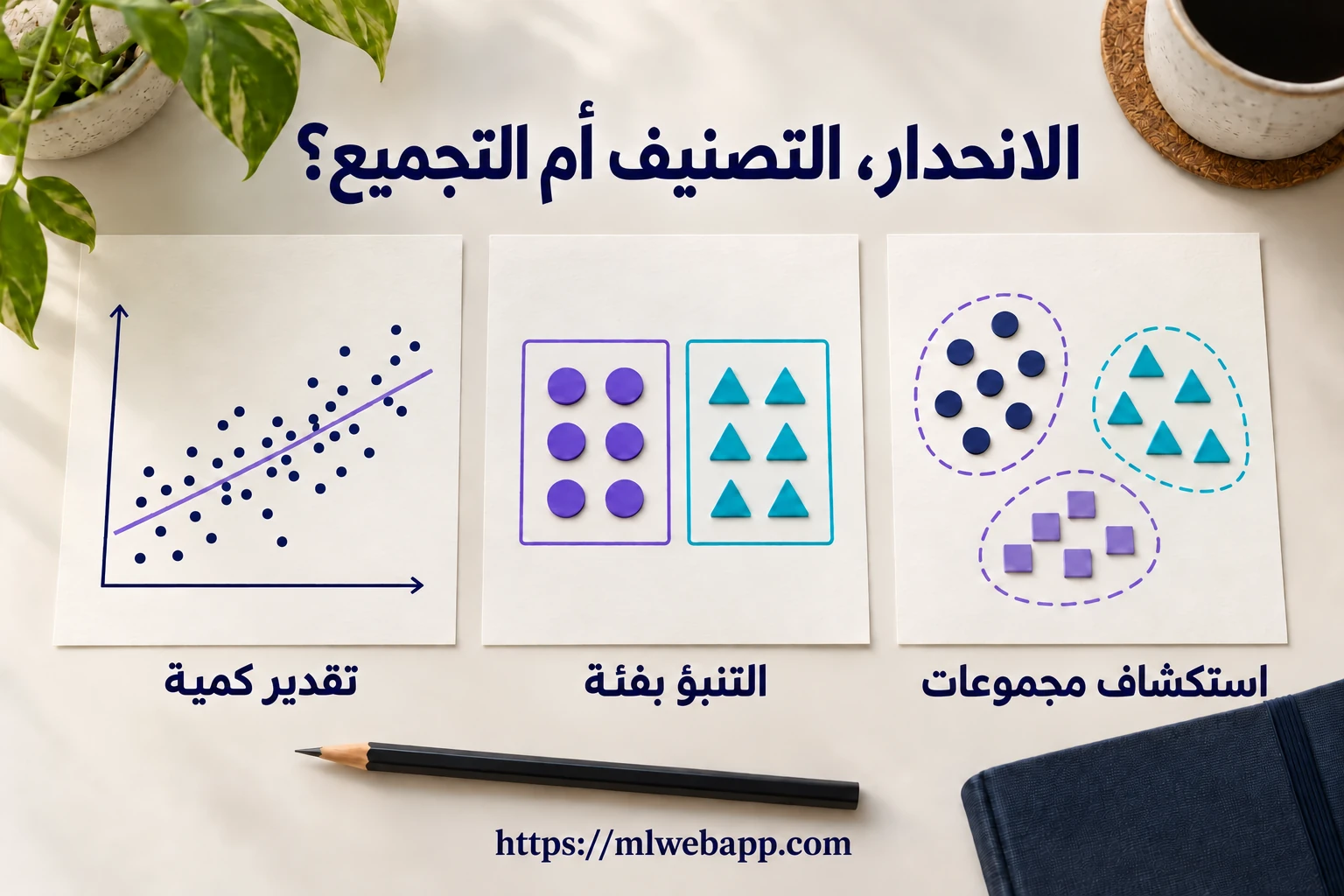 الانحدار، التصنيف أم التجميع: ثلاث بطاقات تبيّن تقدير كمية، والتنبؤ بفئة واستكشاف مجموعات.