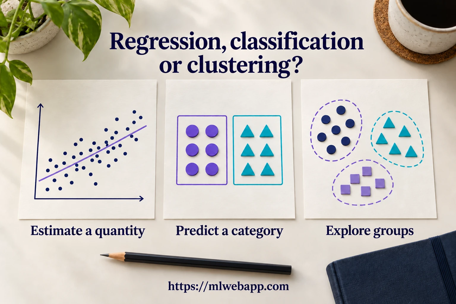 Regression, classification or clustering: three cards show a quantity to estimate, a category to predict and groups to explore.