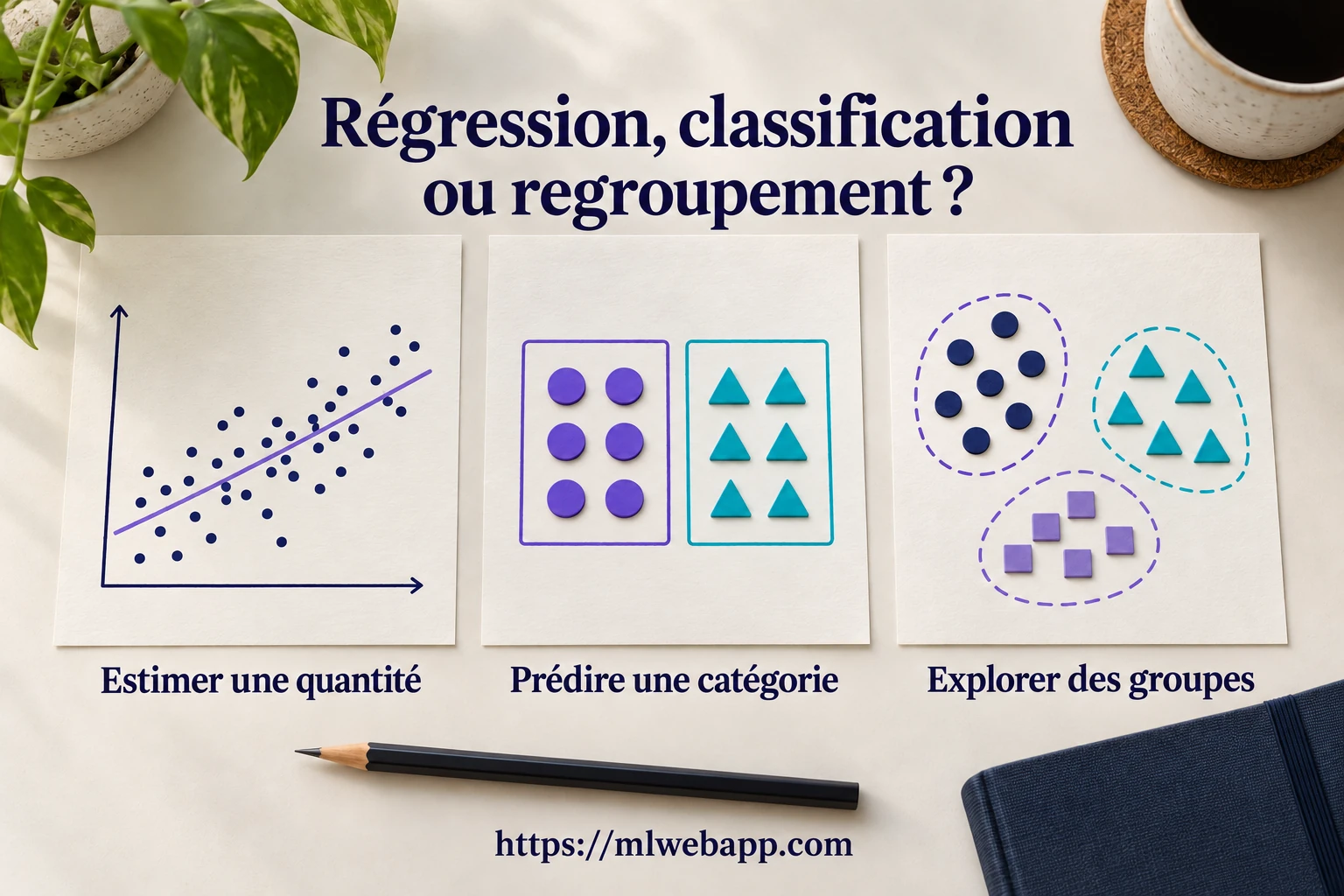 Régression, classification ou regroupement : trois cartes représentent une quantité à estimer, une catégorie à prédire et des groupes à explorer.