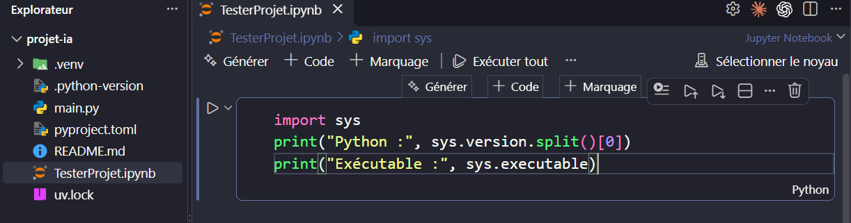 ملف Notebook باسم TesterProjet.ipynb، مع خلية تعرض إصدار Python ومسار ملفه التنفيذي قبل اختيار نواة التنفيذ.