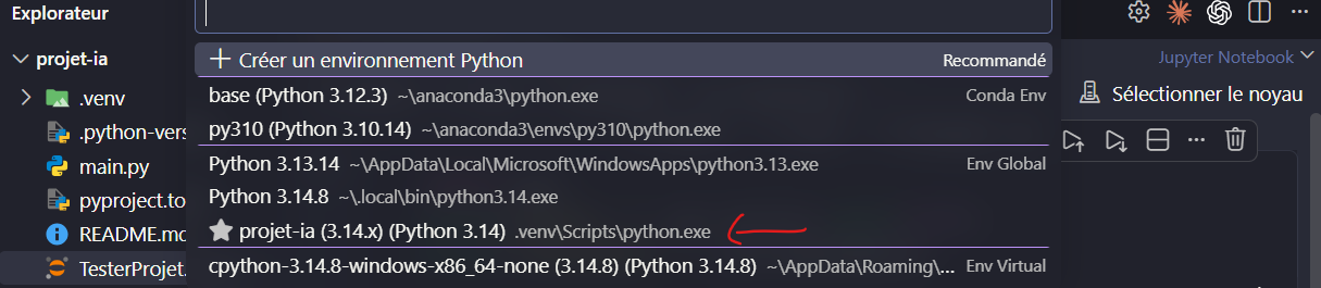 قائمة نوى التنفيذ في VS Code، مع البيئة projet-ia المرتبطة بـ.venv\Scripts\python.exe.