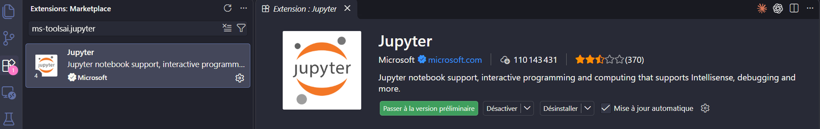 إضافة Jupyter من Microsoft مثبّتة في VS Code، بعد البحث عنها باستخدام ms-toolsai.jupyter.