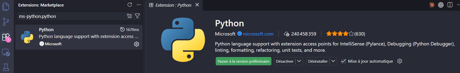 إضافة Python من Microsoft مثبّتة في VS Code، بعد البحث عنها باستخدام ms-python.python.